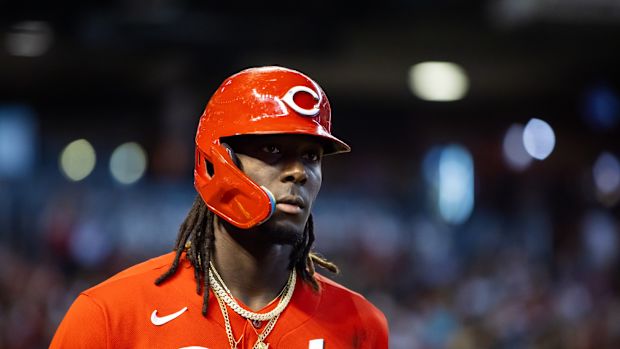 Aug 27, 2023; Phoenix, Arizona, USA; Cincinnati Reds shortstop Elly De La Cruz against the Arizona Diamondbacks at Chase Field. Mandatory Credit: Mark J. Rebilas-USA TODAY Sports  